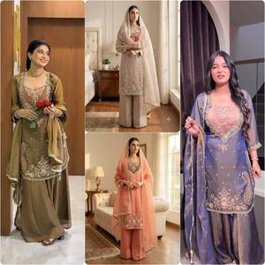 Costume traditionnel pour femmes en crème brodé, longueur cheville, avec dupatta, style Inde Pakistan, coupe ample, en coton, pour mariage - Product Image 6