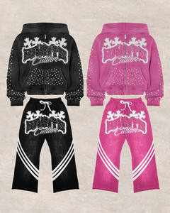 Ensemble de survêtement vintage personnalisé délavé à l'acide pour homme, sweat à capuche et pantalon ample, 100% coton tricoté, broderie strass, vente en gros - Product Image 1