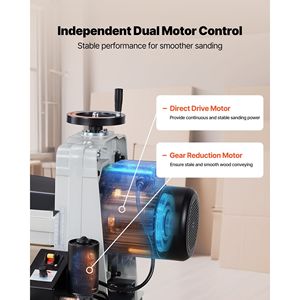 Levigatrice a Tamburo a Doppio Motore da 16 Pollici, 1.5HP, 1720RPM, a Velocità Variabile, con Nastro Trasportatore per Lavorazione del Legno, con Supporto e Tavoli di Estensione per Pialle per Legno - Product Image 4