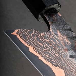 Custom Made Copper Damascus Pattern Outdoor <b>Kitchen</b> Utility Knife With Reinforced Wooden Handle For <b>Camping</b> & Catering Services - Product Image 3