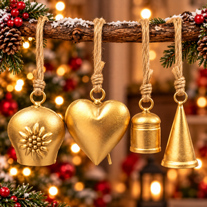 Colección de Campanas Navideñas de Hierro Fundido con un Motivo de Rayos de Sol en Relieve, Perfil en Forma de Corazón y Elegantes Colgantes Cónicos - Product Image 2