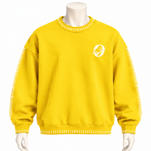 Mens Yellow <b>Stitched</b> Border Distressed Crewneck Sweatshirt <b>Oversized</b> Long Sleeve Pullover Casual Streetwear Sportswear Fashion - Product Image 1