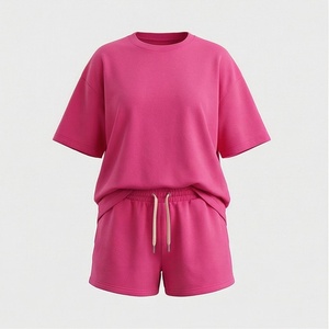 Conjunto de 2 Piezas para Mujer, Tejido, Color Rosa Sólido, Cuello Redondo, Manga Corta, Corte Holgado, Casual, Por Encima de la Rodilla, Transpirable, para Uso Diario - Product Image 1