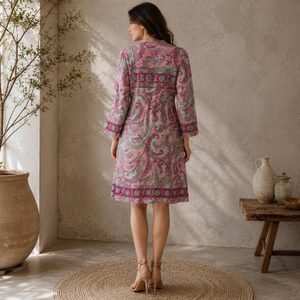 Túnica de Seda de Alta Calidad, Talla Única, Color Rosa, Estampado Étnico Paisley Vintage Pintado a Mano, Estilo Ibiza, Blusa Bohemia para Mujer - Product Image 4