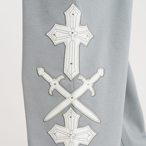 Pantalones Deportivos de Hombre, Estilo Baggy, con Cordón en la Cintura, Color Gris Jaspeado, Ecológicos, con Apliques de Letras en Blanco sobre Cuero, para Streetwear - Product Image 5