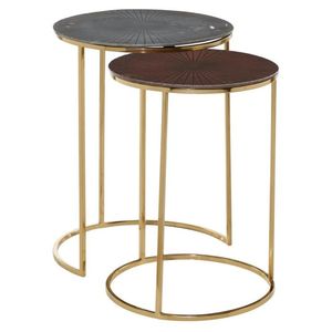 Set of 2 Silver Round <b>Nesting</b> <b>Tables</b> with Extendable Design Modern Metal Living Room Furniture Marble Top METAL WAVE Model 11035 - Product Image 5