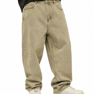 <b>Men's</b> Khaki Wash Baggy Denim <b>Jeans</b> <b>High</b> <b>Rise</b> Loose Fit Full Length Washed Cotton Five Pocket Casual Streetwear - Product Image 1