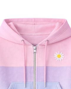 Conjunto de Sudadera Corta con Cremallera y Pantalones Cortos para Mujer, Rosa, Lavanda, Azul, con Estampado de Margaritas, Bolsillos Cargo, Estilo Casual, Poliéster y Algodón, Venta al por Mayor - Product Image 2