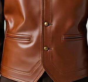 Chaleco de Cuero Genuino Marrón para Hombre, Cuello en V, Cierre de Botón de Una Sola Fila, Prenda Exterior Informal Elegante - Product Image 3
