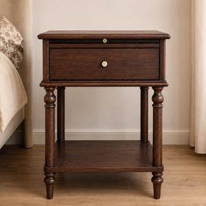 Classic Traditional Teak Wood <b>Bedside</b> <b>Table</b> Turned Spindle Legs Side Cabinet with Open Lower Shelf - Product Image 1