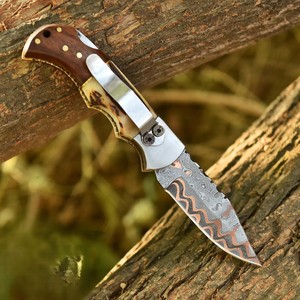 Nordic Forge Copper Damascus Steel Industrial Grade Folding <b>Knife</b> Back <b>Lock</b> STag & Rosewood Handle Pocket Clip Sheath OEM EDC - Product Image 6