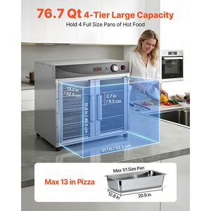 Armoire chauffante électrique commerciale pour aliments, 4 niveaux, en acier inoxydable, avec bac à eau et porte vitrée, étagères réglables - Product Image 2