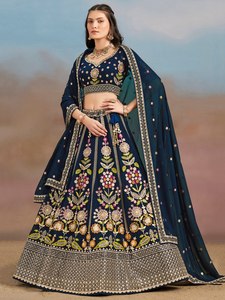 Blue Georgette <b>Lehenga</b> Choli Floral Zari Embroidered V-neck A-Line Floor-Length Quick Dry Bridesmaid Dress Traditional Wedding - Product Image 2