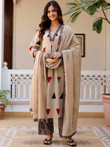 Kalamkari Print Pure Cotton Top Pant With Cotton Dupatta Decorated Designs And Hand Jari Weaving Jacquard With Neck Work Set - Product Image 1