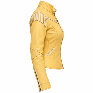 Chaqueta de cuero auténtico amarillo pastel con ribete crema, flecos, y cuello occidental, puños con cremallera, para mujer, cuello alto, ropa exterior, proveedor de fábrica personalizado - Product Image 3
