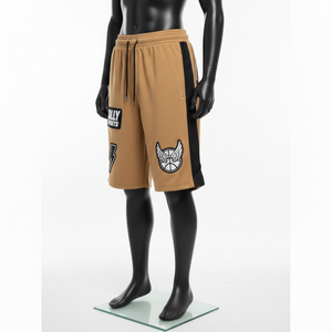 Pantalones Cortos de Baloncesto de Felpa de Algodón Premium de 320 GSM con Lavado Ácido, Color Beige Arena, Parche de Chenilla, Logotipo Personalizado - Product Image 4