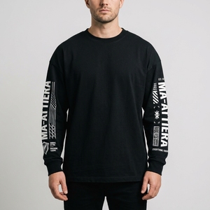 Men's T Shirt <b>Black</b> <b>Long</b> <b>Sleeve</b> Graphic Print Crew Neck Oversized Fit Casual Streetwear <b>Tshirt</b> Clothes Shirt - Product Image 1