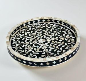 Round Large 16 Wood Luxury Eco-Friendly Floral Handmade Serving <b>Tray</b> Home Decor Great Gift Item - Product Image 2