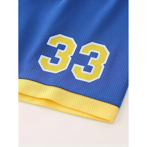 Ensemble de maillot de basket ODM bleu et jaune en mesh sans manches avec short pour garçons et enfants, respirant et confortable - Product Image 5