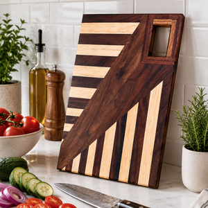 Planche à découper en bois géométrique avec motif rayé contrastant et poignée intégrée à découpe rectangulaire pour couper les légumes - Product Image 5