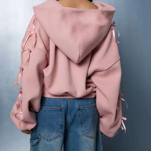 เสื้อครอปฮู้ดดี้สีชมพูสวยหวานสำหรับผู้หญิง แขนผูกโบว์ ผ้าฝ้ายเนื้อนุ่ม ใส่สบาย ระบายอากาศได้ดี คุณภาพสูง เหมาะสำหรับฤดูหนาว - Product Image 4