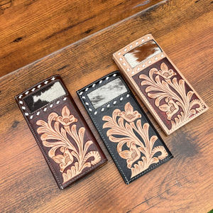 OEM ODM กระเป๋าใส่บัตรแบบพับสองทบสำหรับผู้ชายหนังแท้ใหม่ล่าสุดหรูหราคลาสสิกลายดอกไม้ทนทาน - Product Image 5