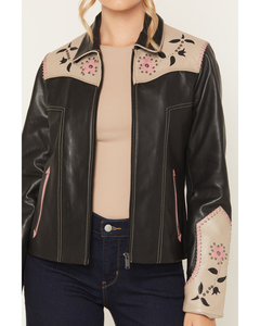 Chaqueta Vaquera de Cuero Negro Crema para Mujer con Bordado Floral Rosa, Puntadas Decorativas, Estilo Retro, Cremallera, Cuero Genuino OEM - Product Image 3