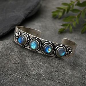 Jewelry Town JT-044 Natural Labradorite Oval Wide <b>Cuff</b> Bangle Gold/<b>Silver</b> Plated Brass Bezel Set Classic Western Style Unisex - Product Image 3