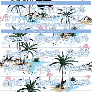 เสื้อแจ็คเก็ตวาร์ซิตี้พิมพ์ลายต้นปาล์ม 3 มิติ สีฟ้าอ่อนแบบกำหนดเอง สไตล์ฮาวาย ติดกระดุมแบบเต็มตัว ทรงบอมเบอร์ เสื้อเลตเตอร์แมน สตรีทแวร์ - Product Image 3