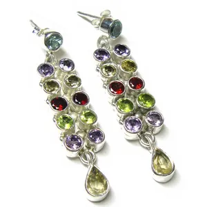 Boucles d'oreilles pendantes multicolores en argent sterling 925, bijoux indiens faits à la main, pierres de naissance colorées pour femmes - Product Image 5