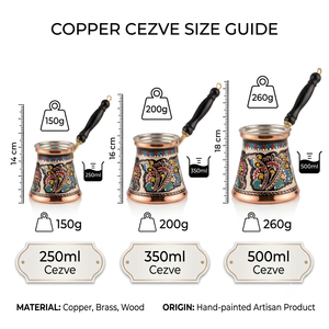 Cafetera Turca Cezve de Cobre Pintada a Mano con Esmalte Colorido, Decorativa con Diseño Floral Griego Briki, con Mango de Madera Resistente al Calor - Product Image 6