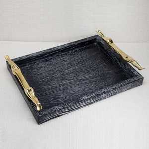 Rectangular Wooden Serving Tray With Metal Handles Handmade Minimalist Design Solid Color Dishes & <b>Plates</b> - Product Image 4