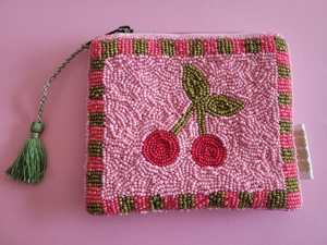 Handmade Beaded Coin <b>Purse</b> Pink Cherry Pouch with Green Tassel <b>Cute</b> Beaded Wallet Fruit Bead Bag Small Gift for Her. - Product Image 3