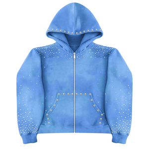 <b>Blue</b> Rhinestone Hooded Zip-Up Sweatshirt Unisex Casual Regular Fit Knitted Polyester Spring Style Dot Pattern - Product Image 3