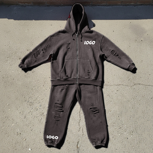 Conjunto de Sudadera con Capucha y Pantalones Deportivos de Fabricantes de Ropa, Estilo Streetwear Personalizado, con Parches, Efecto Desgastado, Remaches y Cremallera - Product Image 3