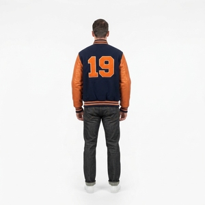 Veste universitaire en laine Melton sur mesure, poids lourd 550 GSM, bleu marine, doublure matelassée orange, lettres en chenille, pour homme, OEM - Product Image 2