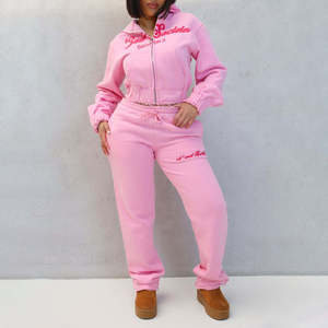 Ensemble de survêtement en molleton bouclette pour femme avec impression en relief, comprenant un sweat à capuche court zippé respirant et un pantalon de jogging - Product Image 6