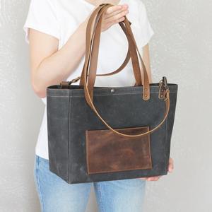 Sac fourre-tout en cuir et toile vintage grande capacité imperméable, sac à bandoulière pour voyage, travail, shopping, couleur unie, broderie durable - Product Image 3