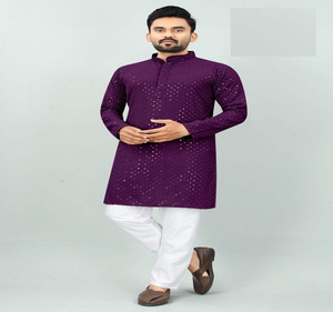 Men traditional rayon <b>kurta</b> with chikan work paired with cotton pajama for ethnic celebrations and daily festive use - Product Image 3