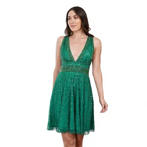 Luxury <b>Emerald</b> Green Sequin Beaded Cocktail <b>Dress</b> Sleeveless Deep V-Neck Shiny Crystal A-Line Mini <b>Dress</b> for Women - Product Image 3
