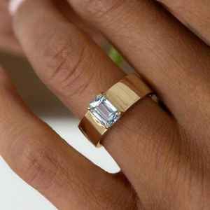 Bague de fiançailles en aquamarine taille émeraude, vintage, argent sterling 925 plaqué or 14 carats, pour elle - Product Image 4