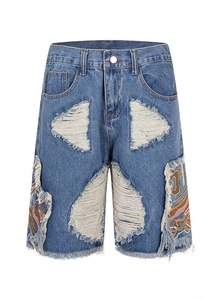 <b>Men's</b> Streetwear <b>Patch</b> Embroidery Chrome Heart Design Denim <b>Shorts</b> Knitted Breathable Windproof Mid Waist Button Fly - Product Image 2