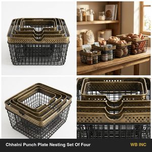 Handmade 36 cm Black and Antique Brass <b>Set</b> of Four Galvanised Iron Chhalni <b>Punch</b> Plate Nesting <b>Set</b> with H Metal Material - Product Image 5