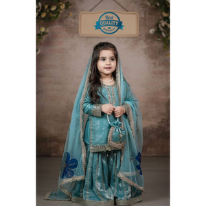 Completo Set Etnico da Ragazza per Feste: Top in Seta Ricamato, Sharara e Dupatta - Abito Tradizionale per Matrimoni e Feste per Bambine 3-15 Anni - Product Image 1