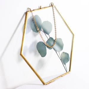 Cadre mural hexagonal en laiton avec feuilles d'eucalyptus, cadre photo incassable, finition or brillant, verre transparent, décoration murale - Product Image 1