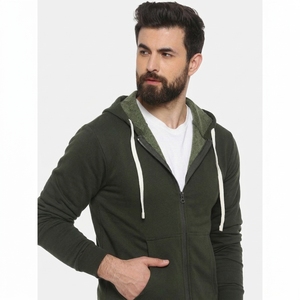 Custom Men's Olive Green Zip-Up Hoodie Regular Fit Cotton French Terry Casual Sweatshirt with Pocket and <b>White</b> Drawstrings - Product Image 6