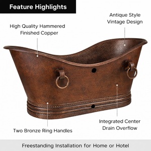 Baignoire autoportante de luxe en cuivre, design vintage, ovale, avec poignées en bronze, pour villa, hôtel, complexe hôtelier - Product Image 6