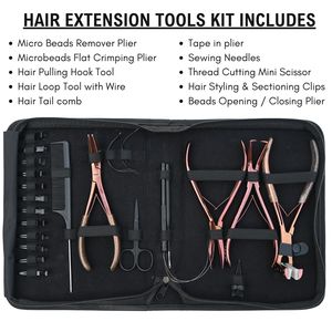 Kit d'outils pour extensions capillaires : Pince à micro-anneaux, Pince à décoller les bandes adhésives plates, Pince à ouvrir et fermer les bandes adhésives, Aiguille à boucle, Ciseaux, Pinces - Product Image 2