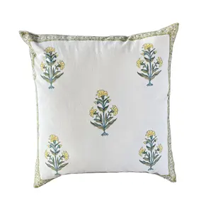 Vỏ Gối Vuông 24X24 "Trang Trí Bằng Vải Lanh Cotton In Hình Khối Tay Ấn Độ Với Ngà Trang Trí