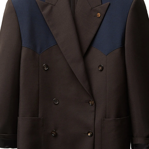 Blazer en laine croisé pour homme, col cranté, longueur classique, style britannique, marron foncé avec empiècements bleu marine aux épaules - Product Image 4
